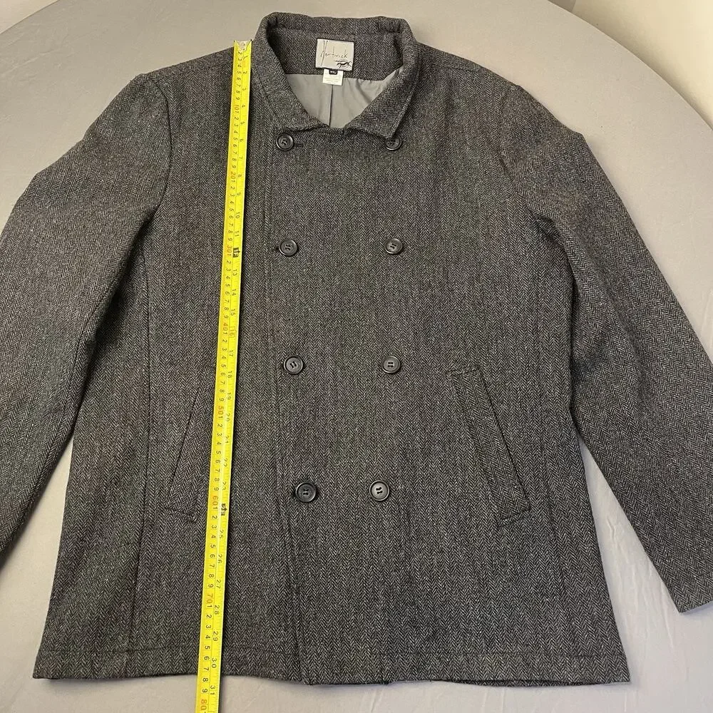 Men's Gray Double Breast Wool Blend Pea Coat Size XL Herringbone Tweed